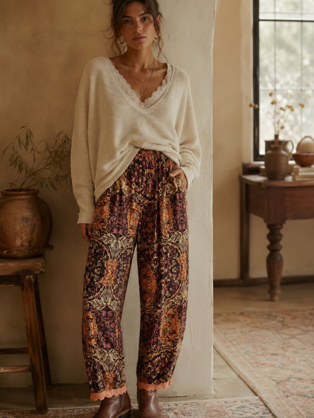 XL Boho barrel crochet pullon dark cottage floral comfy lounge casual pants